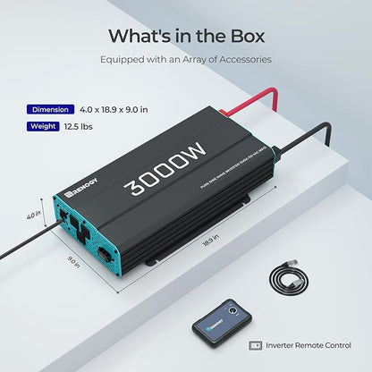 Renogy Inverter P2 3000W Pure Sine Wave Inverter 12V DC to 120V AC Converter for Home, RV, Truck, Camping, Trailer, with Wired Remote Controller, Support Li, AGM, SLD, GEL, FLD Batteries