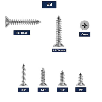 #4 x 3/8" Wood Screw 100Pcs 18-8 (304) Stainless Steel Screws Flat Head Phillips Fast Self Tapping Drywall Screws by SG TZH