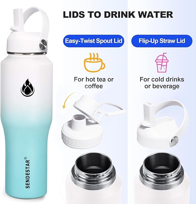 SENDESTAR 32oz Water Bottle Wide Mouth Stainless Steel Vacuum Insulated Double Wall with 2 Straw Lids Fit in Any Car Cup Holder TXIN-32-WT-1