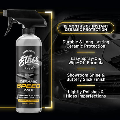 Ethos Ceramic Speed Wax - Ceramic Coating for Cars - Ceramic Coating Car Wax Spray - Ceramic Car Wax Polish Hydrophobic Top Coat Polish Formulated with Reactive Sio2 Copolymers