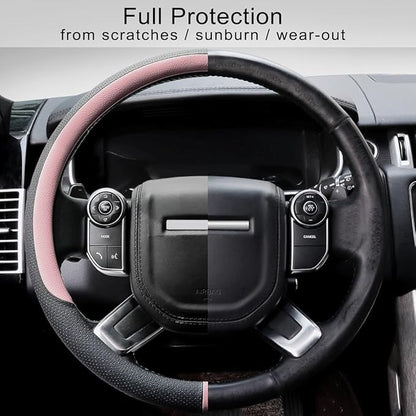 COFIT Breathable Car Steering Wheel Cover 15 inch Auto Universal Leather Wrap Non-Slip Steeringwheel Protector Automotive Interior Accessories, Pink (Suit for 14.5-15 inch)