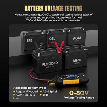 AUTOOL Car Battery Tester 12V 24V Automotive Battery Load Tester 30-2000 CCA, Battery Tester with Printer, Support Lithium Battery, Cranking & Charging & Leakage Test, Data Review Protection