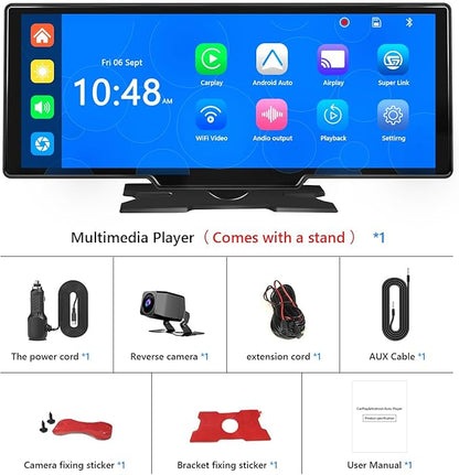 Portable Carplay Screen for Car 9.28" Carplay & Android Auto Car Touch Stereo, with 4K Dash Cam, 1080p Rear Camera,Bluetooth,Touch Screen GPS Navigation,Mirror Link, AirPlay, AUX/FM, Siri