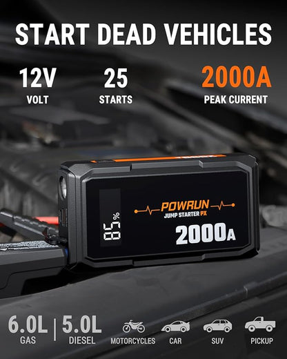 Powrun P-X Jump Starter, 2000A Portable Jump Box - Car Jump Starter Battery Pack for up to 6.0L Gas and 5.0L Diesel Engines, 12V Battery Jump Starter with Carry Bag