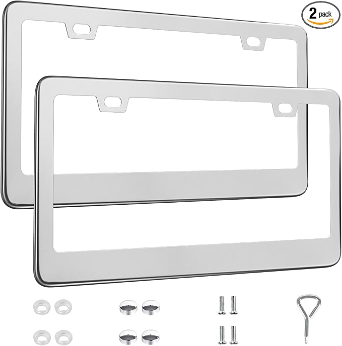 2 Pack License Plate Frames, Stainless Steel Car License Plate Cover Car Accessories with Screw Caps (Silver)