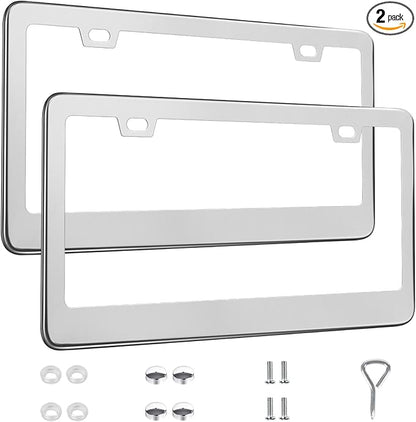 2 Pack License Plate Frames, Stainless Steel Car License Plate Cover Car Accessories with Screw Caps (Silver)