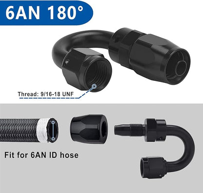 LokoCar 6AN Hose End Fitting 180 Degree Swivel For CPE Braided Hose Black 2Pcs