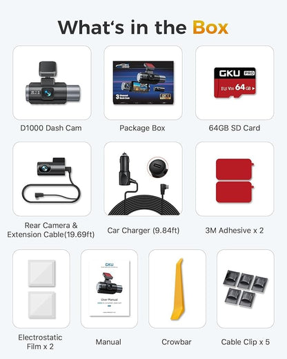 GKU 4K 3 Channel Dash Cam, 5.8GHz WiFi Built-in GPS, 4K+1080P+1080P Dash Cam Front and Rear Inside, 64GB Card Inserted, 24H Park Mode, Triple Car Camera 3 Inch Screen