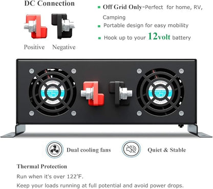 WZRELB 5000W High Efficiency Solar Power Inverter Off Grid 12V DC Voltage Converter Pure Sine Wave Dual 120V AC Outlets