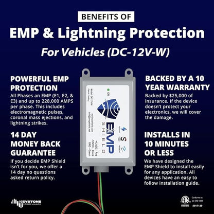 EMP Shield – Vehicle EMP Protection 12 Volt DC for Car and Truck (DC-12V-WV) Lightning, Solar Flare, and Surge Protection