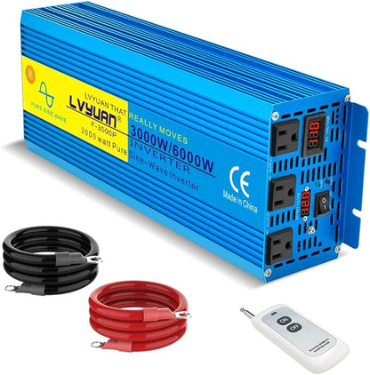 LVYUAN 3000 Watt Pure Sine Wave Inverter 12V to 110V 120V DC to AC with 3 AC Sockets, LED Display, Wireless Remote Control, Car Power Inverter for Vehicles Home RV Camping Truck Solar System