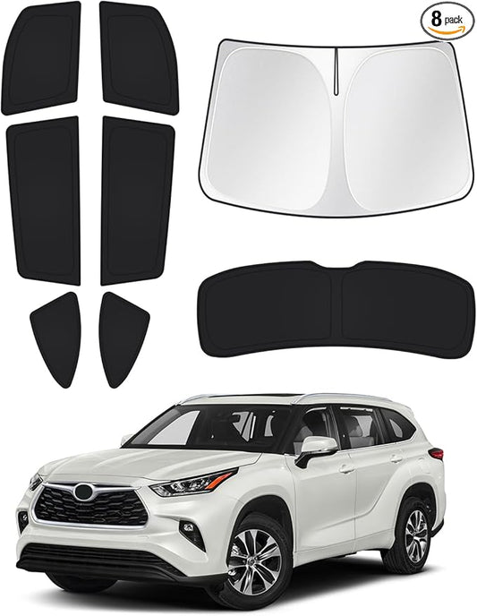 Windshield Sun Shade for 2020-2025 2026 Toyota Highlander Accessories Side Rear Window Shade Cover Set Window Sun Visor Privacy for Camping Keep Vehicle Cool Black 8PCS