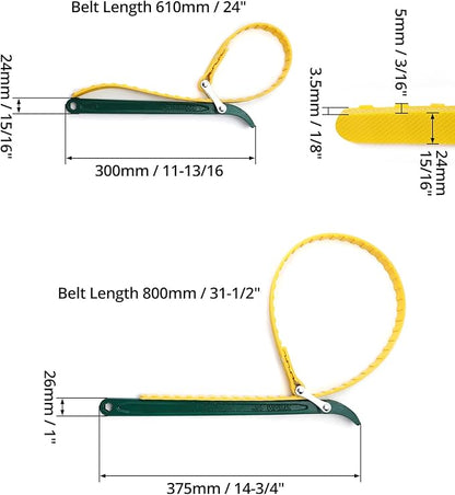 QWORK 15" + 12" Belt Strap Wrench, Multi-Purpose Adjustable Strap Oil Filter Strap Opener Wrench,with 35 7/16 inches Capacity Adjustable Strap, 2 Pack