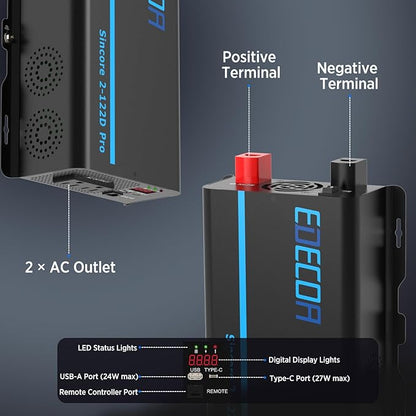 EDECOA Pure Sine Wave Inverter 1200W 12V DC to 110V AC Power Inverter with USB Port and Type-C Port 2 AC Outlets Remote Control LED Display for RV Car Boat Household