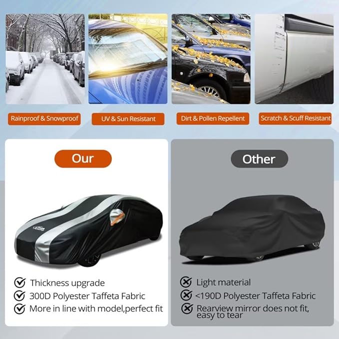 Waterproof Car Cover with Silver Stripe Design,Outdoor/Indoor Car Cover for Automobiles All Weather Waterproof Universal Fit Audi A8, Lexus LS500, Jaguar XJ,Benz S-Class