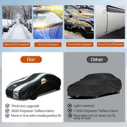 Waterproof Car Cover with Silver Stripe Design,Outdoor/Indoor Car Cover for Automobiles All Weather Waterproof Universal Fit Audi A8, Lexus LS500, Jaguar XJ,Benz S-Class