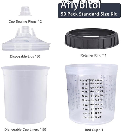 Disposable Paint Sprayer Mixing Cup for Automotive Paint Gun, HVLP Paint Spray Paint Gun 20 Ounce (600ml) Kit with 50 Cups and Lids System, 1 Hard Cup with Retainer Ring and 10 Plugs