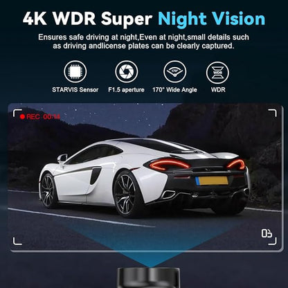 Dash Cam Front and Rear with 64GB Card, 4K+1080P Dual Dash Camera for Cars, Mini Car Camera, APP Control, Built-in Wi-Fi & G-Sensor, 170°Wide Angle, WDR, Night Vision, Loop Recording, Parking Mode