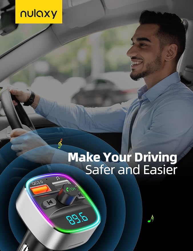 Nulaxy Bluetooth FM Transmitter for Car,Bluetooth Car Adapter Charger with Dual USB Charging Ports, MP3 Music Player Supports TF Card & USB Disk,Hands Free Calling, 7 Colors Led Backlit Light - Silver