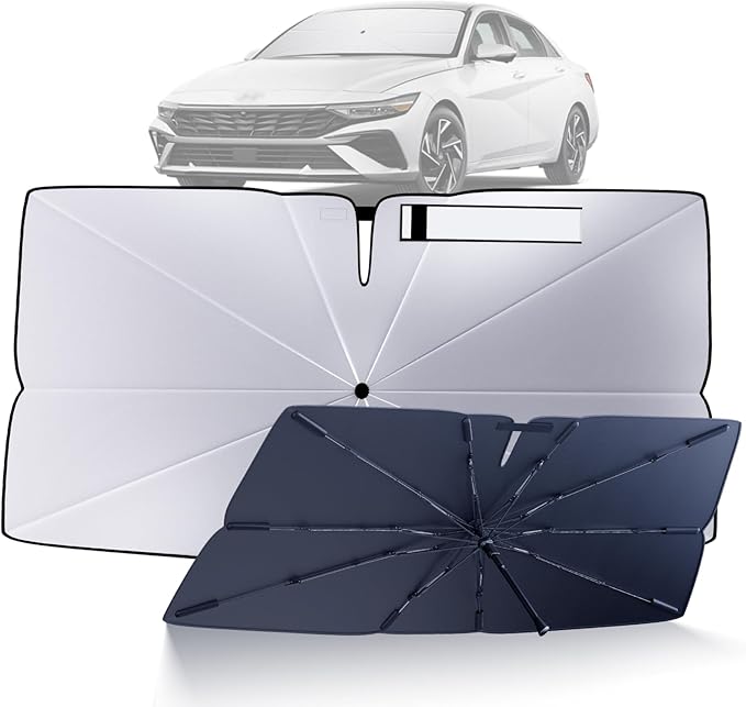 Windshield Sun Shade Umbrella for 2021-2025 Hyundai Elantra Accessories: Custom Fit 210T Silver, Foldable Front Window Sunshade, Blocks UV Rays, Keeps Car Cool for SE, SEL, N Line, Limited, N