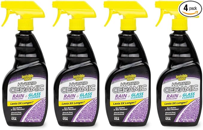 Invisible Glass 92183-4PK Hybrid Ceramic Rain Repellent and Glass Cleaner Cleans and Protects Car Windows and Windshields with Long-Lasting Water-Repellent Si02 Technology, 16 Fl Oz, Pack of 4