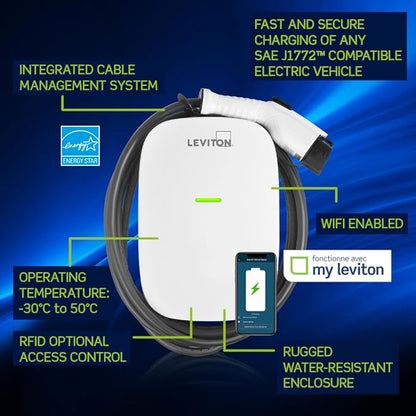 Leviton Level 2 Smart EV Charger with Wi-Fi, 32 Amp, 208/240 VAC, 7.6 kW Output, 18' Cable, Indoor/Outdoor Hardwired EV Charging Station, My Leviton Compatibility, EV32W EVSE