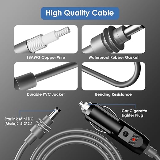 Starlink Mini Car Adapter Cable, 12V Cigarette Lighter to DC Power Cord, 10ft 18AWG Waterproof Charger for Starlink Mini Satellite Internet – 12 Volt Car Adapter (RV, Truck, Off-Grid Setup)