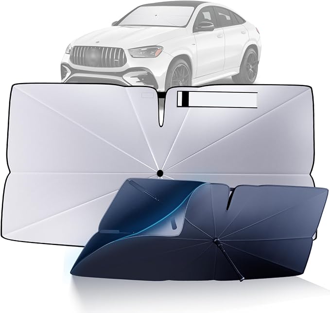 Windshield Sun Shade Umbrella Compatible with 2020-2025 Mercedes-Benz GLE Accessories: Custom Fit 240T Silver, Double Thickened, Foldable Window Sunshade, Ultimate 99% UV Blocking for 350/450/580/53