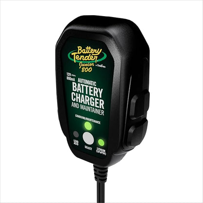 Battery Tender Junior 12V, 800mA Battery Charger and Maintainer for Lead Acid and Lithium Batteries - Switchable Battery Charger for Powersports - 022-0199-DL-WH