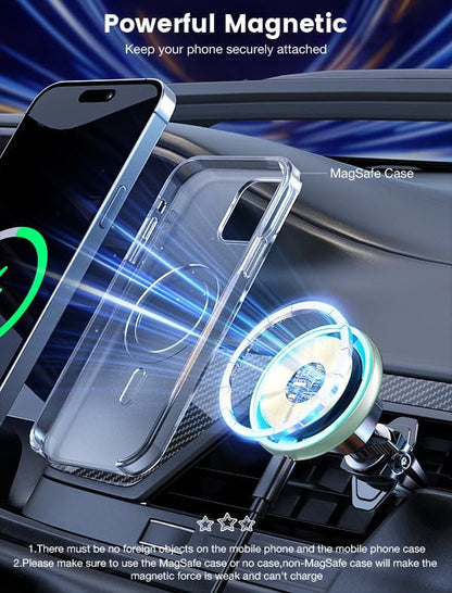 MOKPR for Magsafe Car Mount Charger-15W Wireless Car Charger-Magnetic Car Phone Holder for Dash Air Vent-LED RGB HandsFree Car Mount Fast Car Charger for iPhone 16 15/14/13/12 Series Green