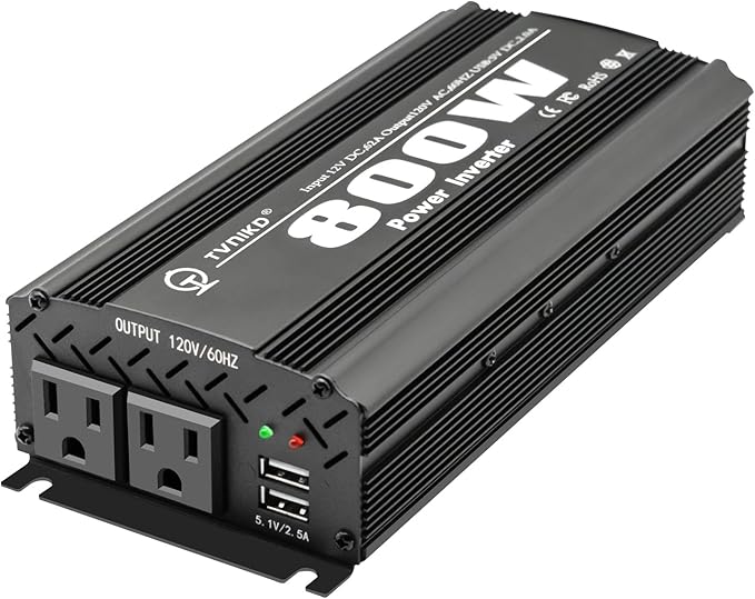 800W Power Inverter DC 12V to AC(2 Outlets) 110V Car Inverter Adapter Converter with 2.1A Dual USB Charging Ports for RV Camping Travel