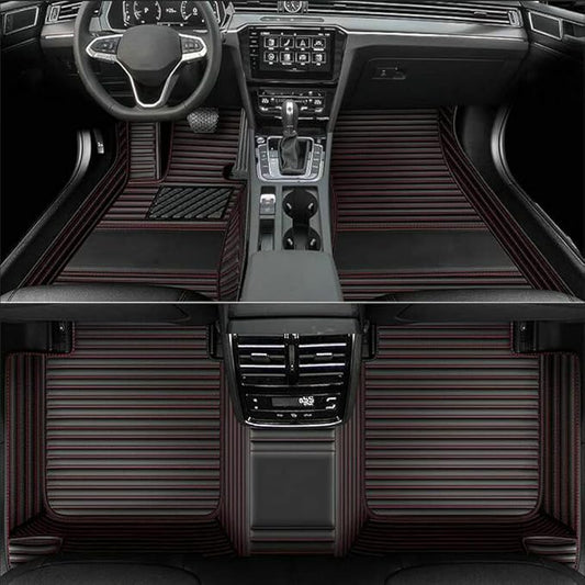 Car Floor Mats (Black Red Stripe, 3D) - Luxury Leather, Custom Fit for 99.9% Sedan SUV Sports, All-Weather, Waterproof, Non-Slip, Environmentally Friendly