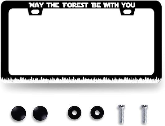 Funny License Plate Frame May The Forest Be with You License Plate Holder for Personalized Text Car Decorative Stainless Steel Forest License Plate Auto Part with Screws 12.2" x 6.2"