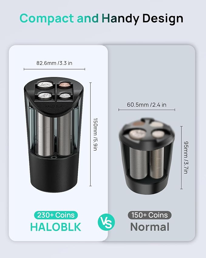 HALOBLK Large Capacity Coin Holder for Car Change Organizer, Compatible with Most Vehicles & Trucks, Black-2Pack