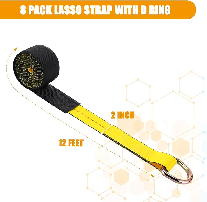 8 Pack 2'' x 12ft Tow Truck Straps Lasso Wheel Lift Straps Lasso Tow Strap with D Ring 11, 000 Lbs Break Strength Auto Tie Down Auto Hauler for Trailer Truck Tie