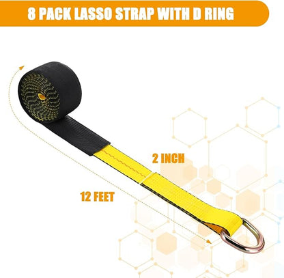 8 Pack 2'' x 12ft Tow Truck Straps Lasso Wheel Lift Straps Lasso Tow Strap with D Ring 11, 000 Lbs Break Strength Auto Tie Down Auto Hauler for Trailer Truck Tie