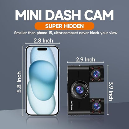 360° Dash Cam Front and Rear Inside, 4 Channel Dash Camera for Cars FHD 1080Px4, Built-in Wi-Fi, 3.16” IPS Screen, WDR Night Vision, Voice Control, Included 64GB Card, 24H Parking Mode