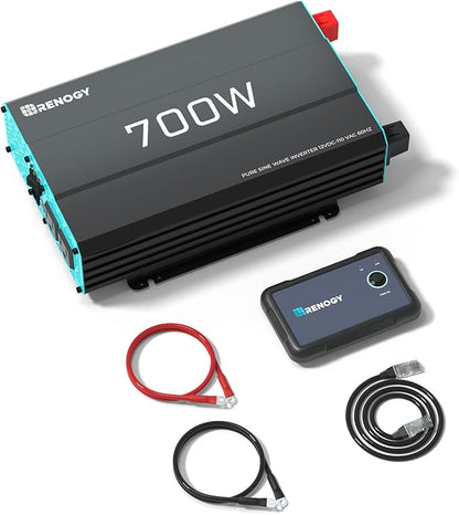 Renogy Inverter P2 700W Pure Sine Wave Inverter 12V DC to 120V AC, Off-Grid Solar Power Converter for Home, RV, Truck, Camping, with Built-in 5V/2.1A USB Port, AC Hardwire Port, Remote Controller