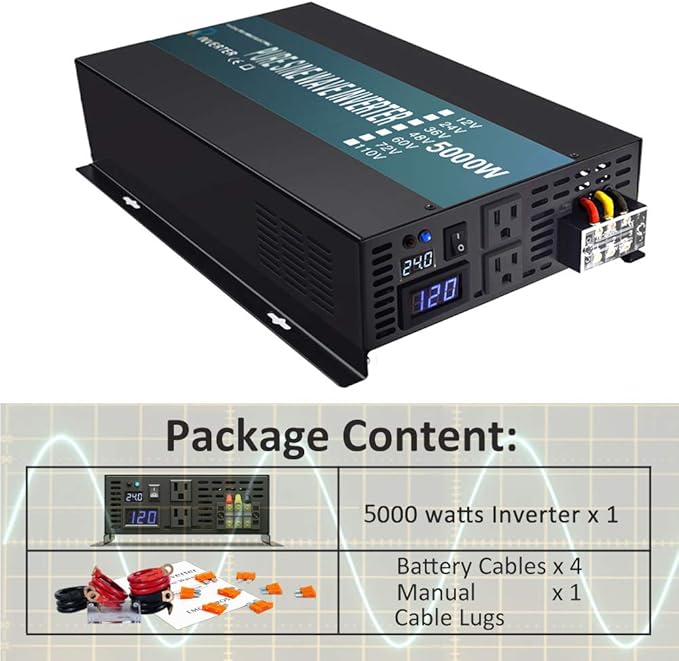 WZRELB 5000W 24V High Efficiency Solar Power Off Grid DC Voltage Converter Pure Sine Wave Inverter Dual 120V AC Outlets