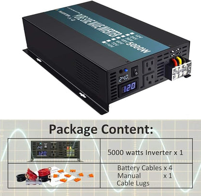 WZRELB 5000W 24V High Efficiency Solar Power Off Grid DC Voltage Converter Pure Sine Wave Inverter Dual 120V AC Outlets