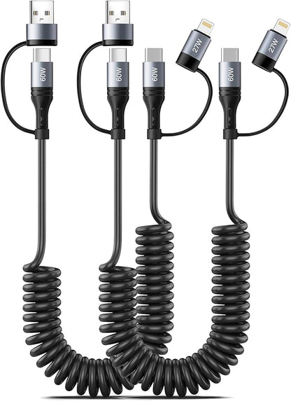 Coiled Lightning Cable [2Pack 4FT] 4 in 1 Multi Charging Cable 60W Fast Charging Retractable Charger Cord for iPhone 15/14/13/12/11 Pro Max/XS MAX/XR/XS/X/8/7/6 Plus/iPad/AirPods/MacBook/CarPlay