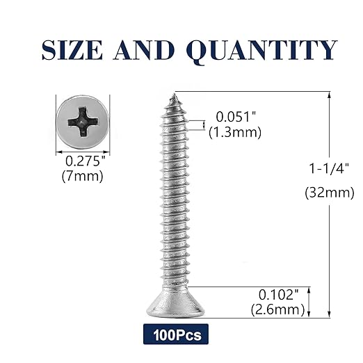 #6 x 1-1/4" Wood Screw 100Pcs 18-8 (304) Stainless Steel Screws Flat Head Phillips Fast Self Tapping Drywall Screws by SG TZH