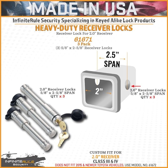 61671 | 3 Pack, Keyed Alike, Receiver Locks for 2" Receiver - Class III & IV