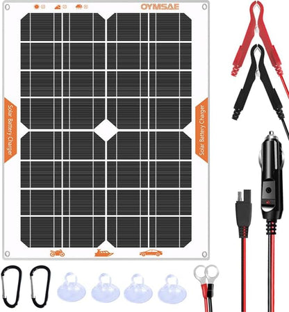 OYMSAE 20W 12V Solar Panel Battery Charger Portable Waterproof Power Trickle Battery Charger & Maintainer for Car Boat Automotive RV with Cigarette Lighter Plug & Wiring Clip