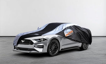Mustang Car Cover Waterproof All Weather with Silver Strip Design, Custom Fit for Ford Mustang 1994–2025, Mustang Accessory with Door Zipper & Windproof Straps