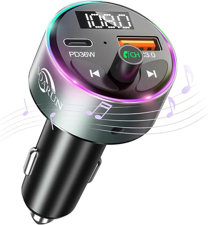 FM Transmitter Bluetooth 5.3 - SOARUN Fast Car Charger Adapter 54W [PD 36W & QC3.0 18W], Support Wireless Radio, Aux 3.5mm, Hands-Free Calling with 9 Colors LED Backlit