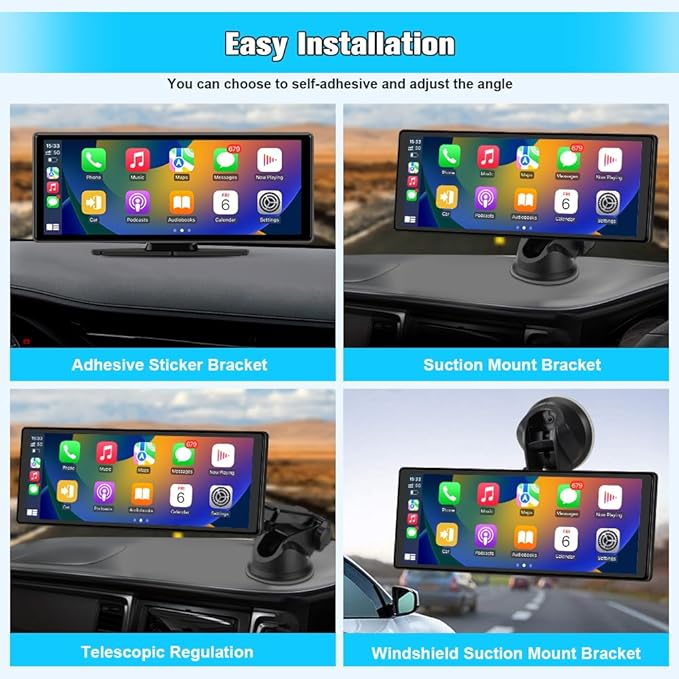10.26" Portable Carplay Screen for Car, Wireless Carplay & Android Auto Car Stereo, Touchscreen GPS Navigation 4K Dash Cam/1080P Backup Camera/Mirror Link/Bluetooth/Voice Control