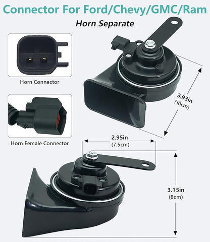 Car Horn Kit for Ford Chevrolet Tesla Jeep Ram GMC,12V Loud Waterproof Auto Horn, High Low Dual Tone 126Decibel, Replacement for Ford (1 Connector)