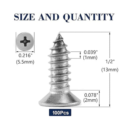 #4 x 1/2" Wood Screw 100Pcs 18-8 (304) Stainless Steel Screws Flat Head Phillips Fast Self Tapping Drywall Screws by SG TZH