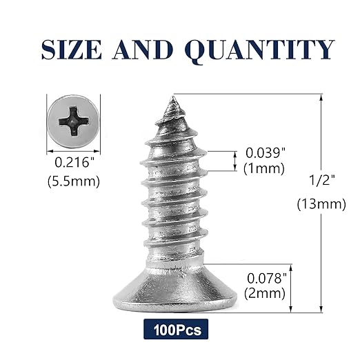 #4 x 1/2" Wood Screw 100Pcs 18-8 (304) Stainless Steel Screws Flat Head Phillips Fast Self Tapping Drywall Screws by SG TZH